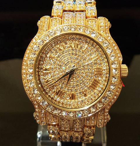 Stainless Steel 18K GOLD Plated Pave Heavy Metal Band Watch - Iced Put Diamond Watch- Bling Hip Hop - ALILY