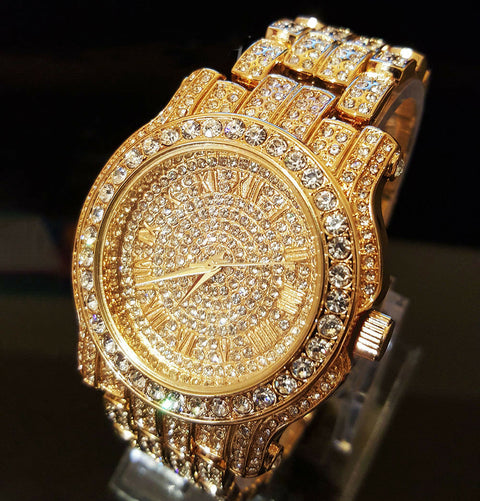 Stainless Steel 18K GOLD Plated Pave Heavy Metal Band Watch - Iced Put Diamond Watch- Bling Hip Hop - ALILY