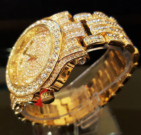 Stainless Steel 18K GOLD Plated Pave Heavy Metal Band Watch - Iced Put Diamond Watch- Bling Hip Hop - ALILY