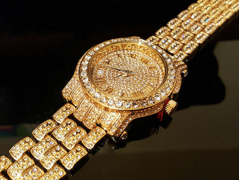Stainless Steel 18K GOLD Plated Pave Heavy Metal Band Watch - Iced Put Diamond Watch- Bling Hip Hop - ALILY