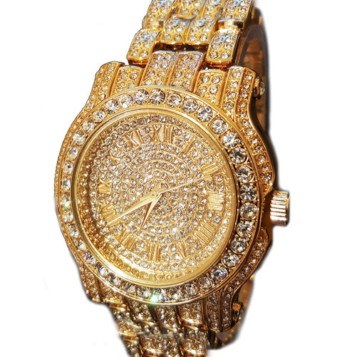 Stainless Steel 18K GOLD Plated Pave Heavy Metal Band Watch - Iced Put Diamond Watch- Bling Hip Hop - ALILY