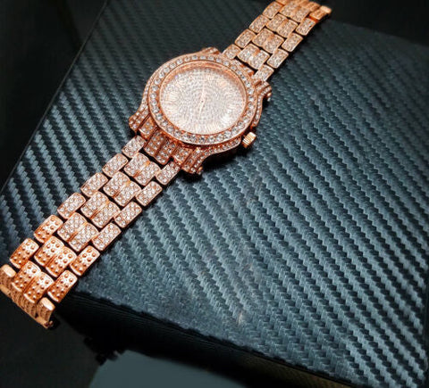 Stainless Steel 18K GOLD Plated Pave Heavy Metal Band Watch - Iced Put Diamond Watch- Bling Hip Hop - ALILY