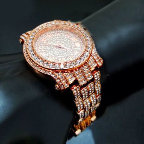 Stainless Steel 18K GOLD Plated Pave Heavy Metal Band Watch - Iced Put Diamond Watch- Bling Hip Hop - ALILY