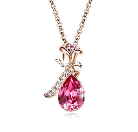 Crystals Pink Topaz Waterdrop with Pink Topaz Rose  Necklace