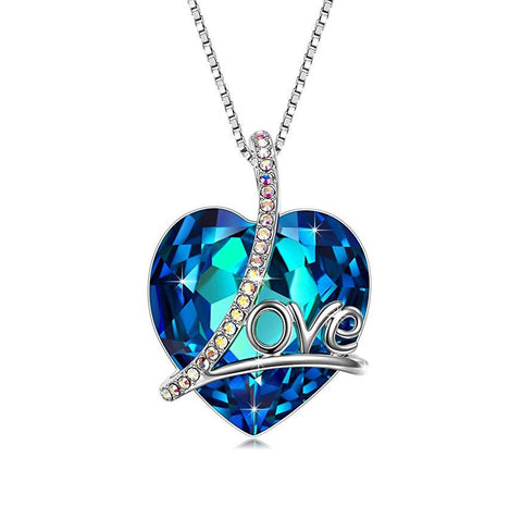 Crystals 5.00 Ct Bermuda Blue LOVE with AB Stones  Necklace