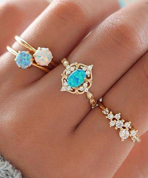 Blue & 18k Gold-Plated Ring With Austrian Crystals - Set of 4 ITALY Design